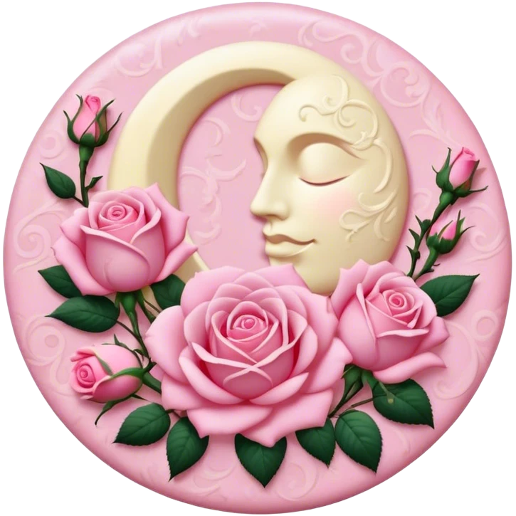 A round pink button with a light cream full damask moon and pink roses in the center emoji