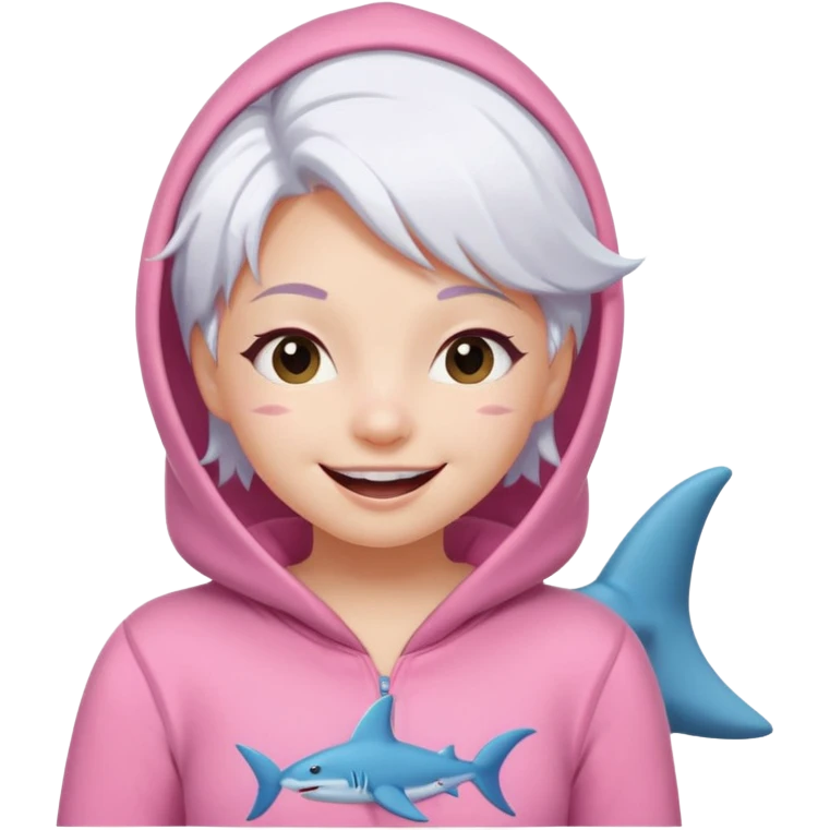 cute girl with white hair in a pink shark onesie, winking and smiling emoji