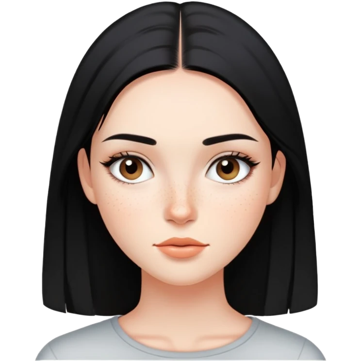 young woman with sleek black straight hair, natural makeup, and freckles across cheeks emoji
