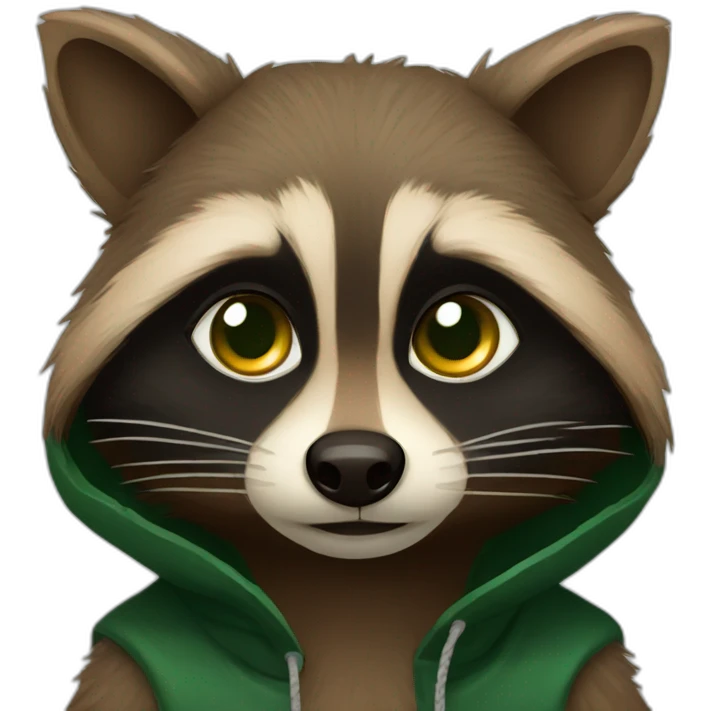 brown raccoon with orange eyes and a dark green hood that is crying emoji