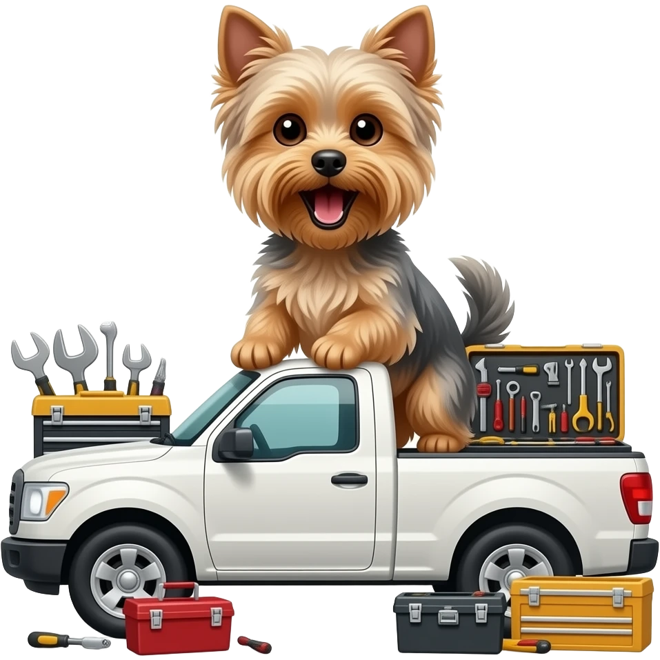 Yorkie dog jumping mouth open sitting in a white 4 door truck surrounded by tool boxes and tools emoji