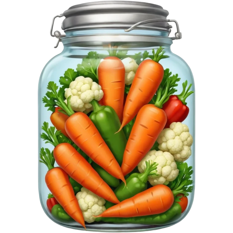 A mix jar of carrots, peppers, and cauliflower tightly sealed with a silver lid








 emoji