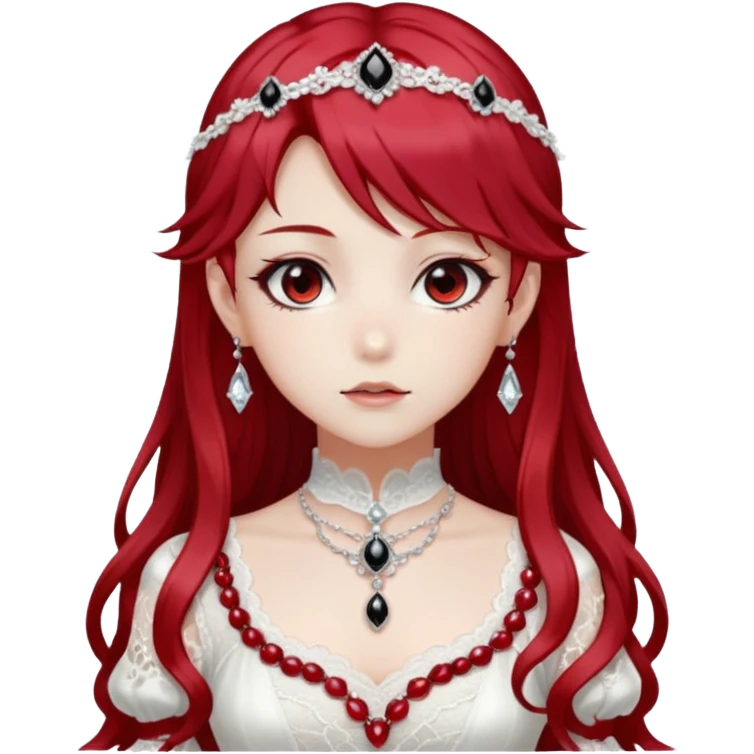 Beautiful shiny ethereal Gorgeous Anime Lady with dark hair and red hair streaks with a beautiful white silky lace dress and rubies and onyx gems  emoji