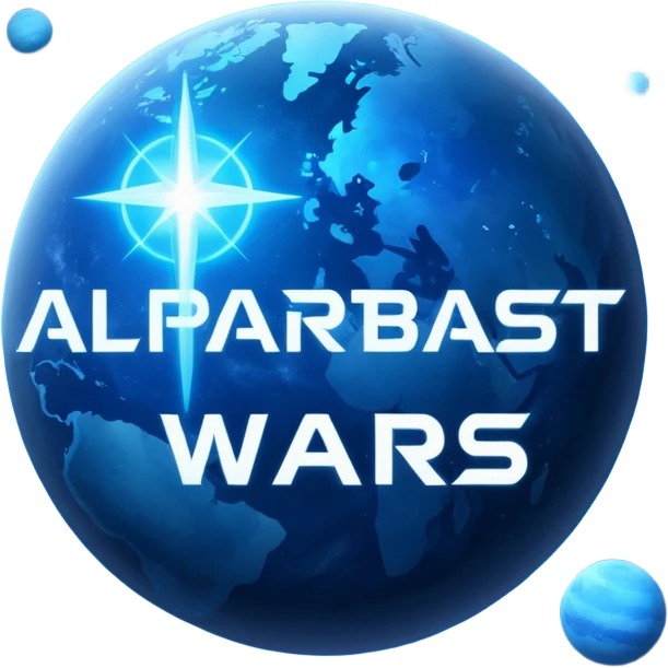 The image is a sci-fi poster with glowing blue text that reads “ALPHA ORIONIS WARS.” A bright blue planet or star glows at the bottom, and the word “STARBLAST” appears below. The design has a futuristic, space-themed look. emoji