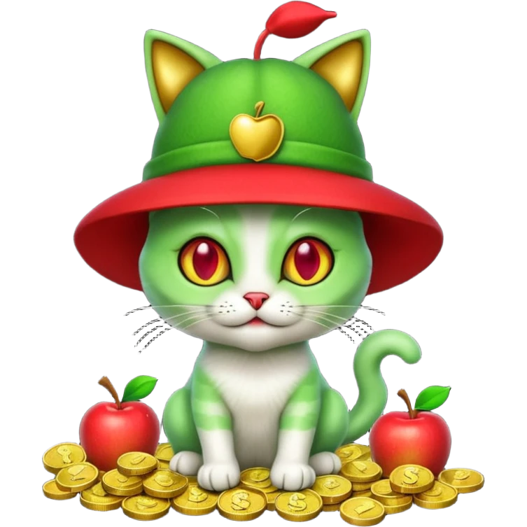 An alien cat with a red apple hat with cash all around it emoji