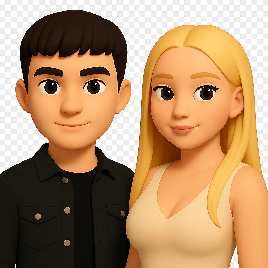 Slightly increase the volume of the upper body of the girl, separate the girl and the boy from each other, make the skin color the same for both. Maintain the cartoonish 3D style. Keep the background transparent. emoji