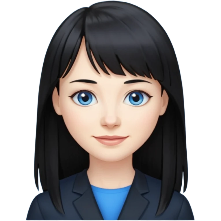 40 yr old woman long straight black hair, pale skin, blue eyes, black clothes, small smile, bangs emoji