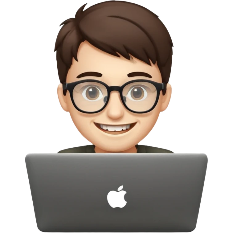 smiling coder with big glasses and buck teeth, working on a laptop, simple, clear emoji style emoji