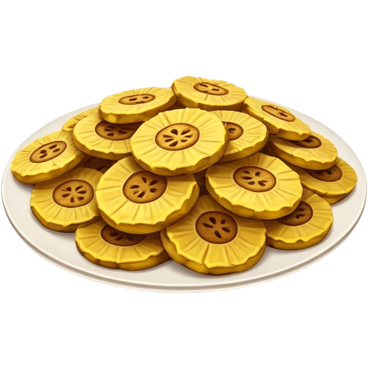 Patacones Cinematic Realistic Patacones Dish Emoji, depicted as crushed, crispy plantain discs, rendered with rich textures and dynamic, natural lighting. emoji