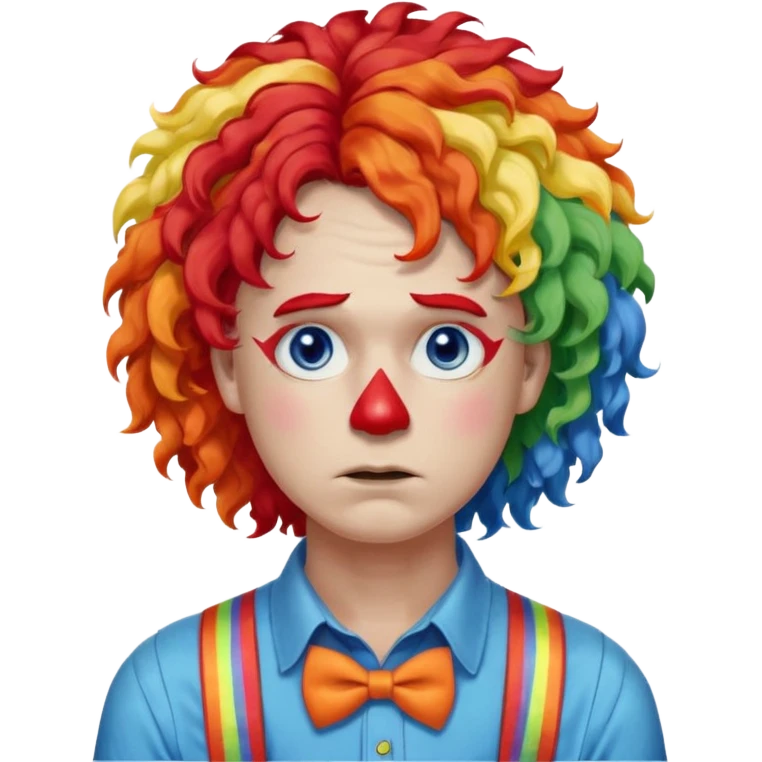 Rainbow-colored curly wig (red, yellow, green, and blue).

White face paint with blue eye makeup and a red nose.

Wearing orange suspenders over a blue shirt.

Sad, frowning expression. emoji
