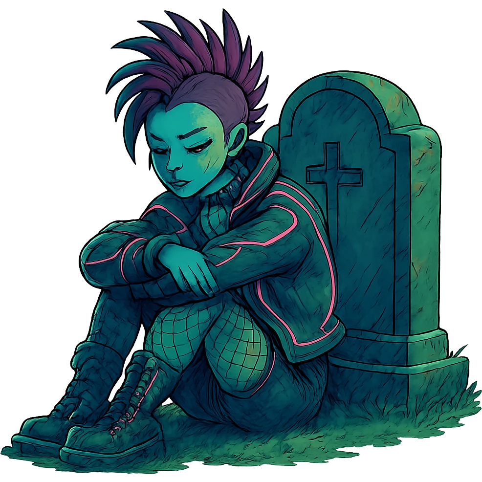  [[[a lonesome tombstone in a graveyard]]], , punk gothic style, futuristic cyberwave cyberpunk, sitting position
 emoji