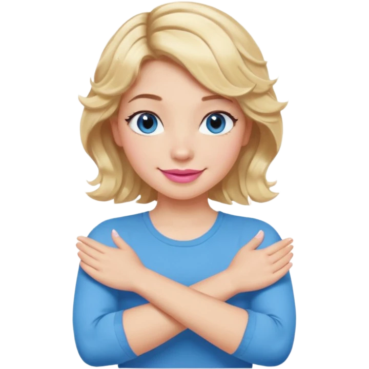 Girl Blonde short wavy hair,  blue eyes, cute blue top, long lashes, pink lips, smiling, making cross arms with arms  emoji