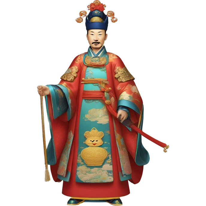 Qianlong, Qing dynasty's emperor, is recognized by his majestic attire: dragon-adorned imperial robes, a court headdress, and a ceremonial scepter. 🐉👑 emoji