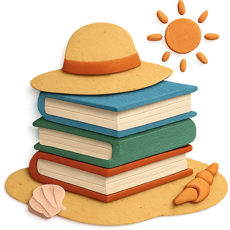 illustration of a stack of books on a sandy beach, with seashells and a sun hat, paper-craft style emoji