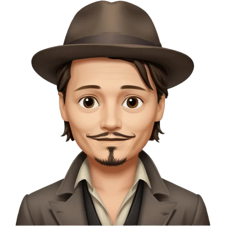 Johnny Depp inspired emoji, mischievous smile, signature look, no text emoji