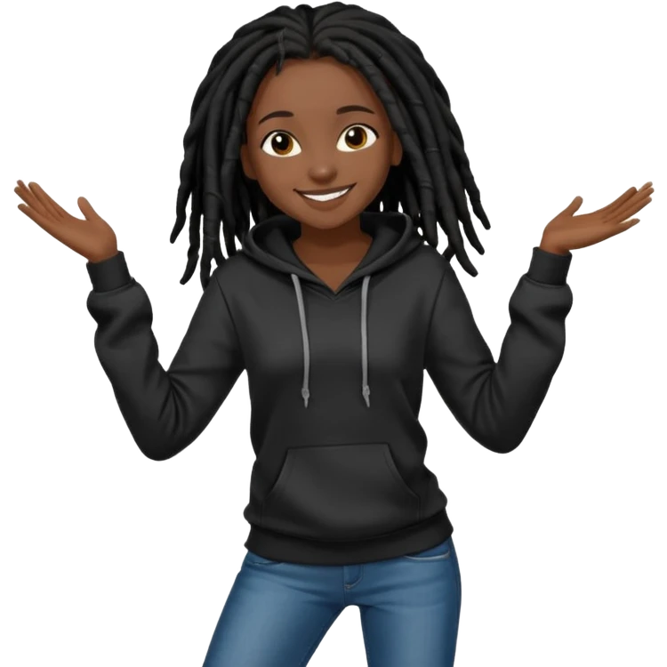 African American girl dark skin with shoulder length black deadlocks wearing I plain black hoodie wearing skinny jeans dancing in street emoji