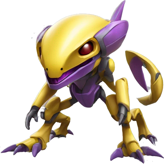 a Genesect-Raptor-Fakémon—hybrid with a futuristic visor-helmet full body emoji