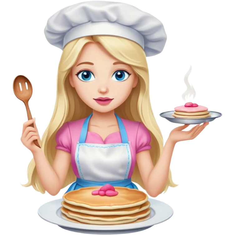 Cinematic realistic beautiful blonde with long hair, blue eyes and pink lips in a white dress cooks pancakes emoji