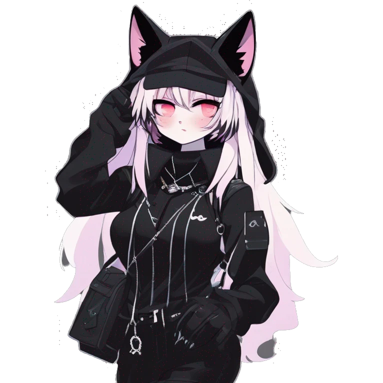 Gorgeous furry gothic dark techwear anime style anthro black cat furry sona with blushing face aesthetic and pretty edgy black with collar and harness trending style emoji