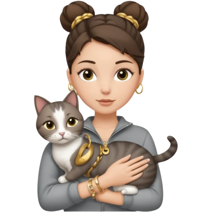 a white girl with brunette hair in a one single bun holding a grey cat. the girl has long lashes and has on a grey zip up that is half way zipped  and under a white shirt and gold jewelry that is gold bracelets. emoji