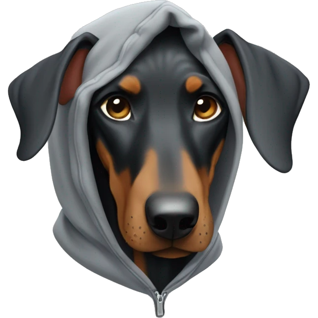 cute doberman wearing a grey baggy hoodie emoji