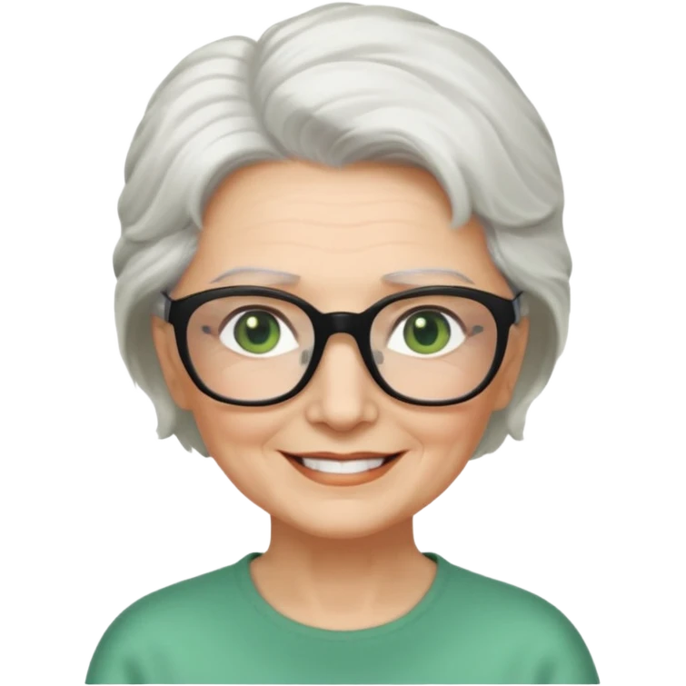 White hair grandma, green eyes, hair to shoulder, lokeg black glasses, rectangles face, smile , emoji