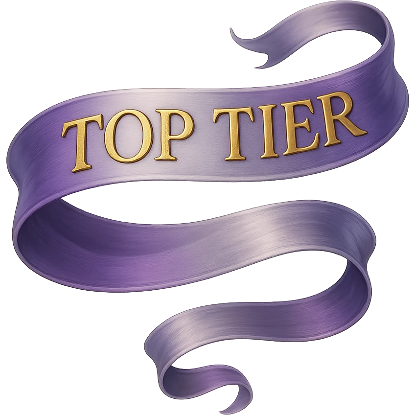 An elegant, flowing ribbon in a vibrant gradient of purple and silver, with the words 'TOP TIER' embossed in a sophisticated, slightly raised gold lettering, no background emoji