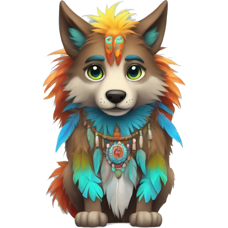 Anthro Fluffy Colorful Shy Spiritual Shamanic WereWolf With Shiny Tribal Markings wearing feathers Full Body emoji