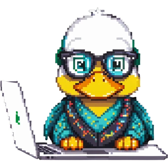 Animated duck wearing glasses, programming Python on a laptop emoji