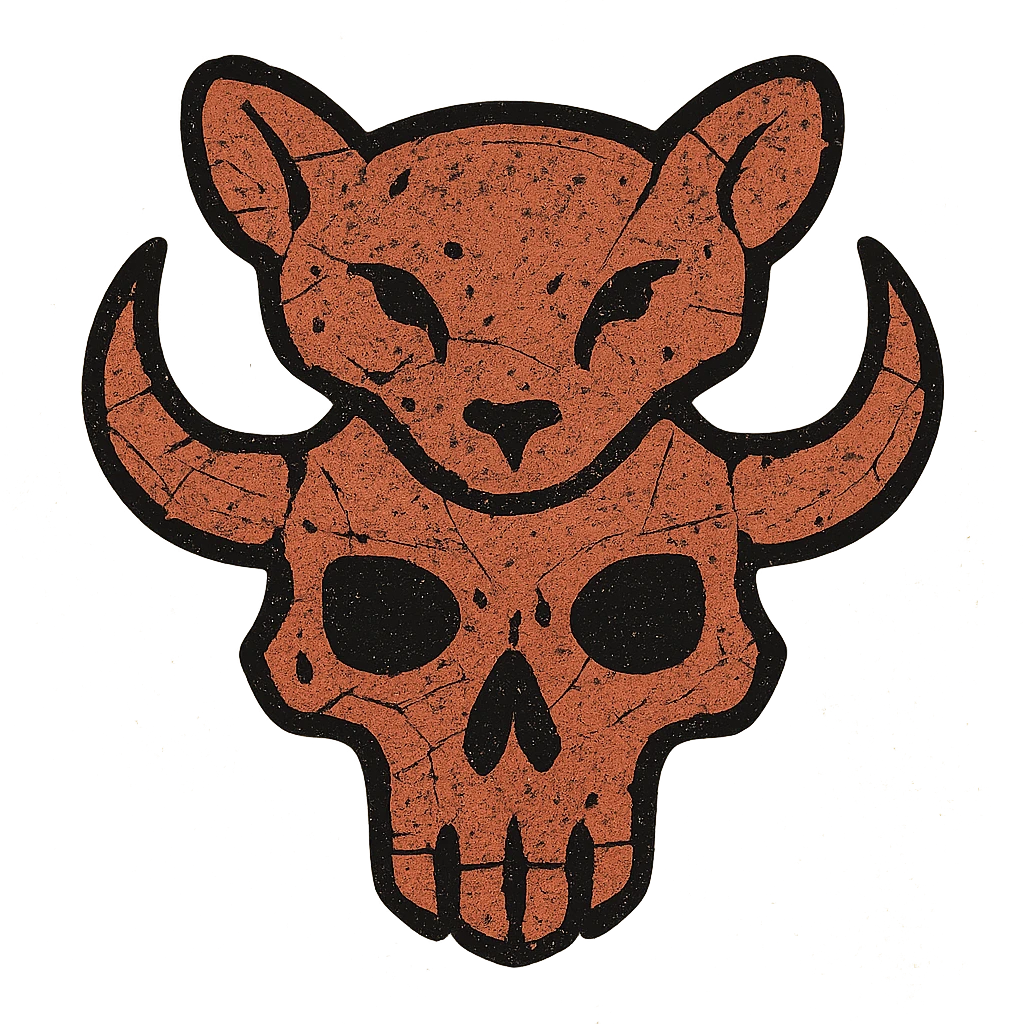 an extremely abstract and heavily worn red icon of merged stoat face and minotaur skull, with extensive scratches, eroded edges, and deliberate damage, very sparse details with most lines broken and incomplete, heavily weathered texture like ancient damaged parchment, full of scrapes and worn spots emoji