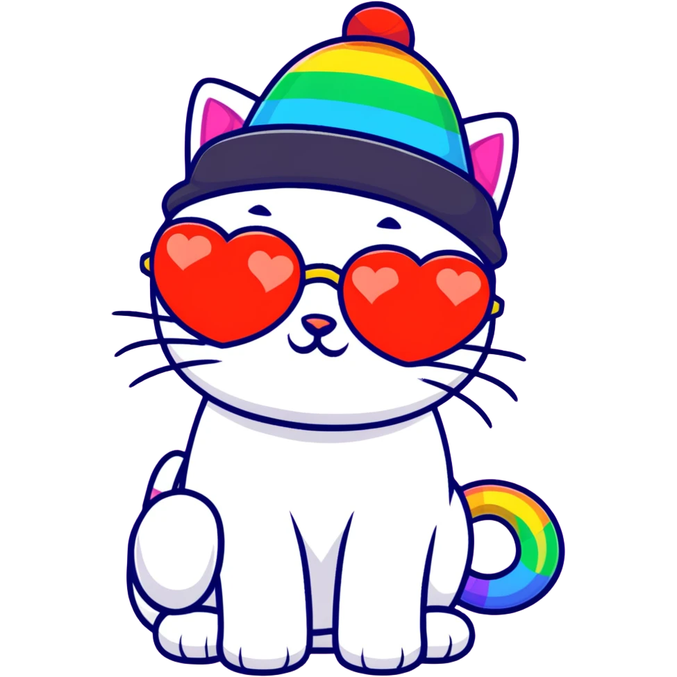 cat wearing a rainbow beanie and heart-shaped sunglasses emoji