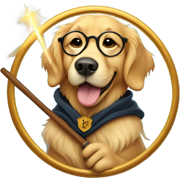Golden retriever in hogwarts robes holding a wand in mouth wearing circular framed glasses emoji