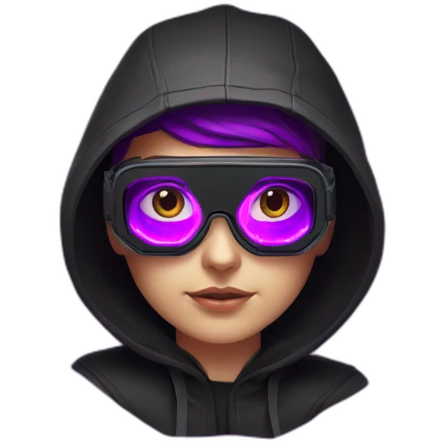 Russian student wearing black hoody with violet letters "OMG", in vr headset. Cyberpunk style. Violet neon. emoji