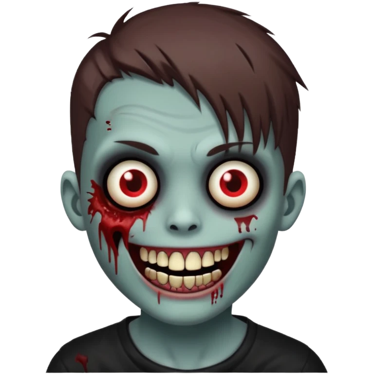 zombie boy with emo brown hair, white skin, and white eyes; an open smile, and bloodied teeth; emoji