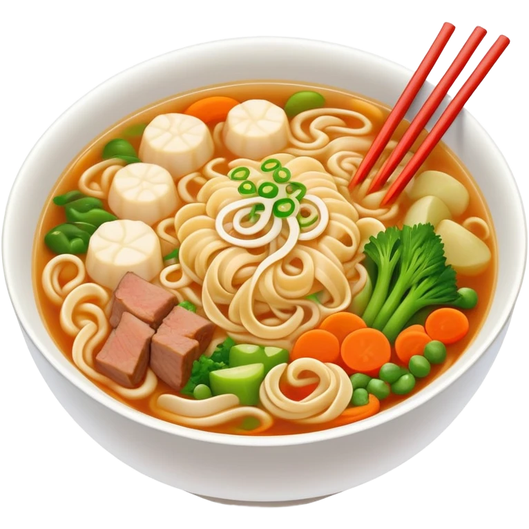 Henan Stewed Noodles with clear soup and vegetables, simplified emoji style with bold outlines and bright colors, cartoon style traditional Hui Mian in bowl emoji