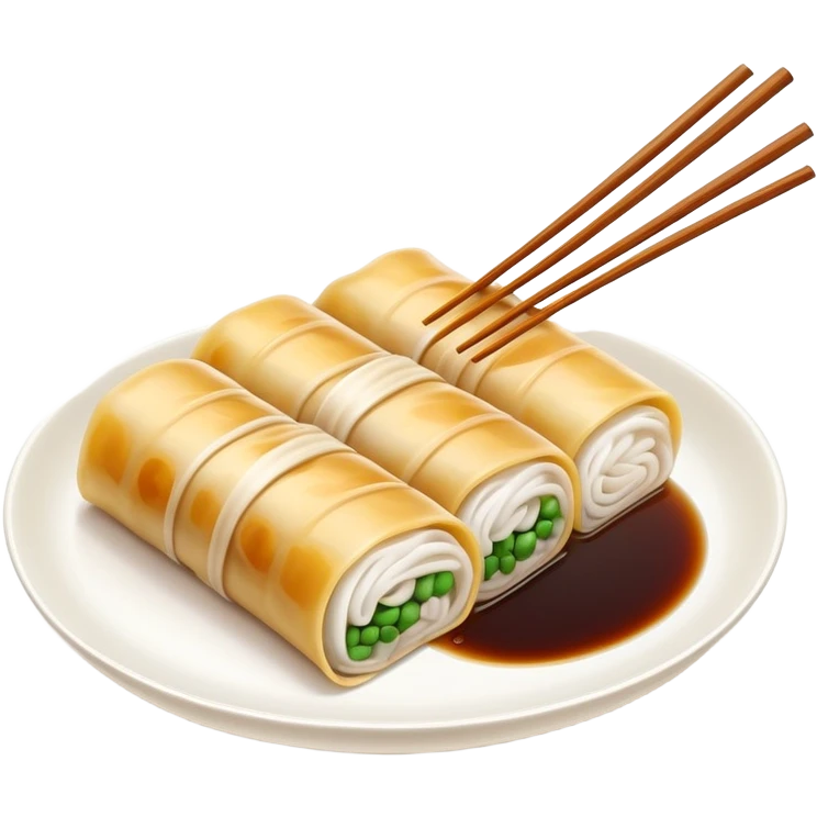 Guangzhou rice noodle roll Cheung Fun with soy sauce, simplified emoji style with bold outlines and bright colors, cartoon style dim sum specialty emoji