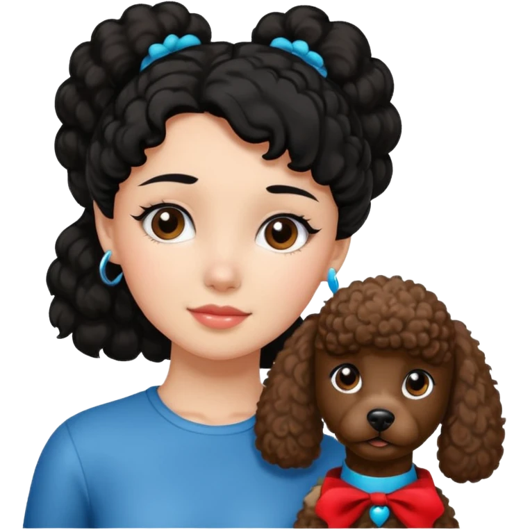Ponytail black hair girl with brown Poodle say goodbye  emoji