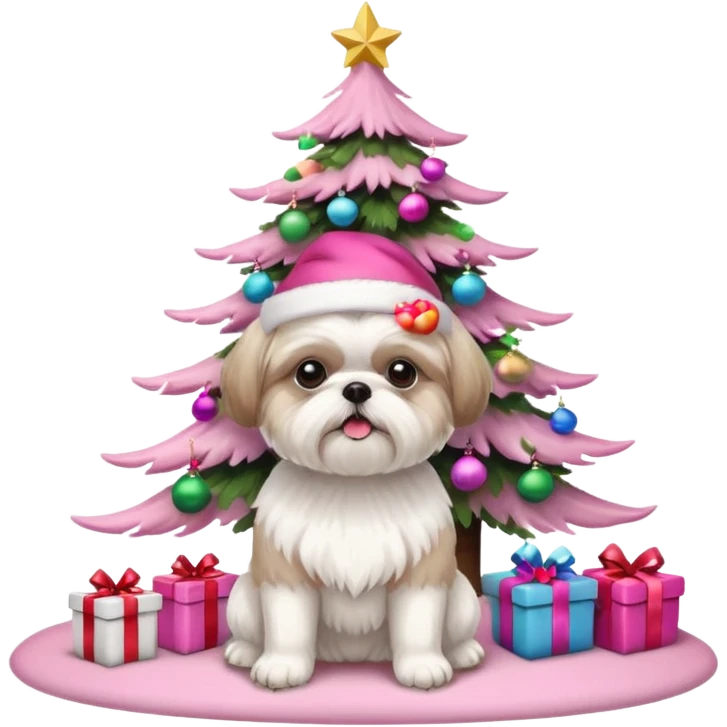 one little white all over shih tzu dog with pink santa hat with short hair sitting next to pink christmas tree emoji