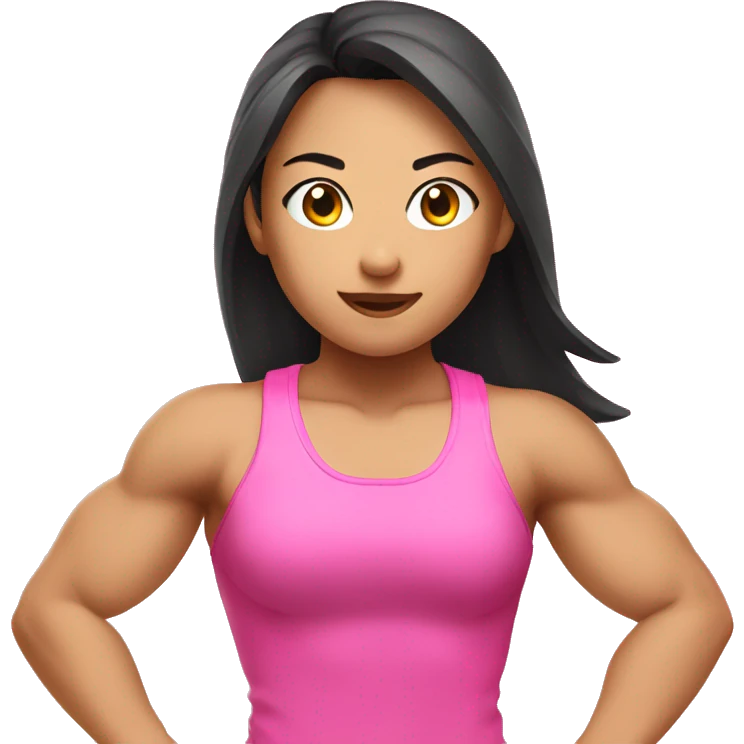 Athletic Asian girl show biceps wearing pink emoji