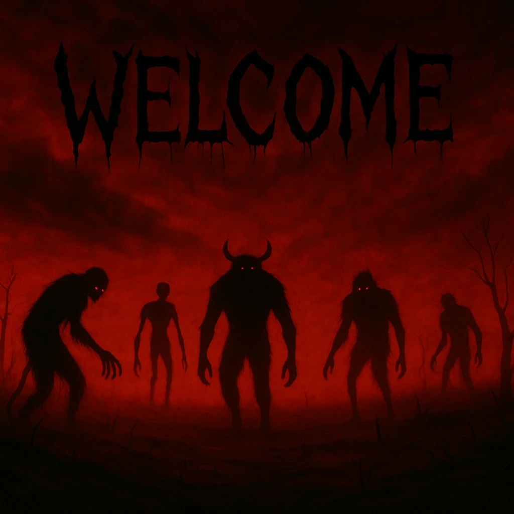 Add the word 'Welcome' in creepy, horror-themed text, integrated into the apocalyptic monsters banner. The text should have a dark, menacing style that fits the apocalyptic and monstrous theme. emoji