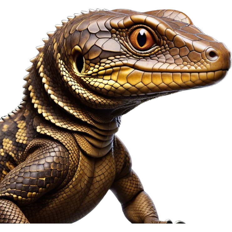 Cinematic Noble brown camo monitor Lizard Portrait Emoji, Poised and regal, with a robust, scaled body exhibiting striking, mottled patterns and piercing, alert eyes, Simplified yet sharp and sophisticated features, highly detailed, glowing with a soft, earthy glow, high shine, intelligent and formidable, stylized with an air of ancient wilderness, focused and commanding, soft glowing outline, capturing the essence of a watchful and confident reptilian guardian that appears ready to stride out of the screen with effortless authority! emoji