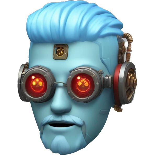  Short light blue haired male cyborg head with light blue beard, red steampunk goggles and circuits emoji