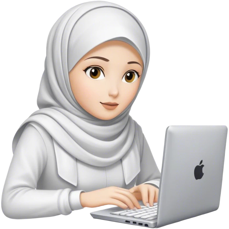 white skin hijab scarf woman working in computer. Her outfit is white emoji