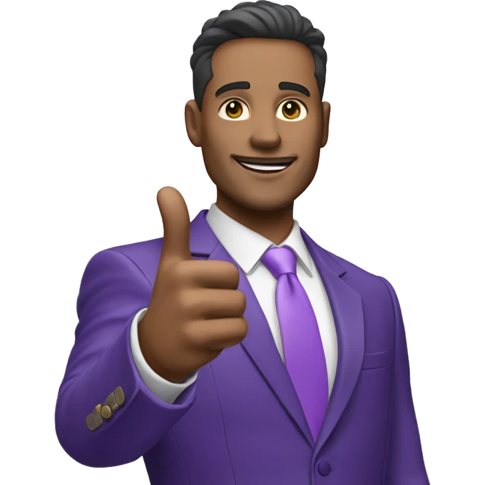 Business man in purple suit multimillionare, points with one arm upwards, white skin emoji
