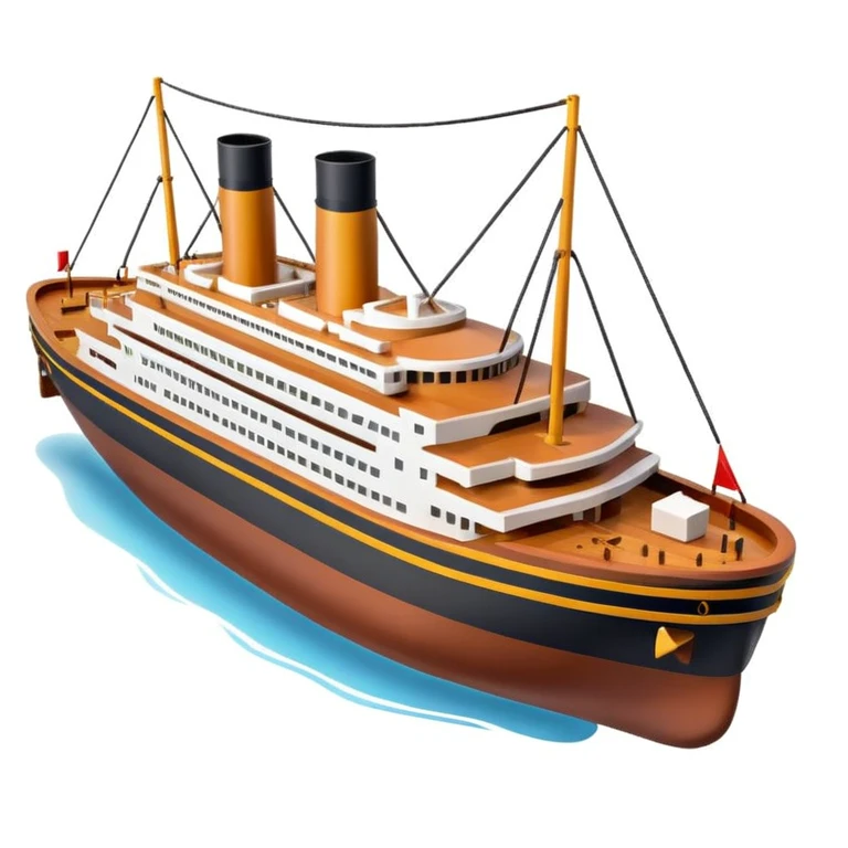 compact 3D Titanic ship emoji in Apple style, smooth and shiny, with bright colors, simplified but clear Titanic details, floating on water, no faces, soft shadows, high-quality render, white background emoji