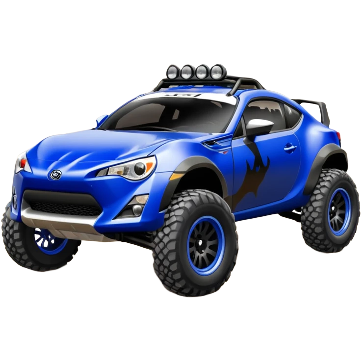Armored Dirty raced redneck jacked 2013 scion fr-s ultramarine off road 4wd monster Baja dessert stadium rock racer number 86 with long travel suspension, shiny silver wheels, exaggerated wide black fender flares  emoji