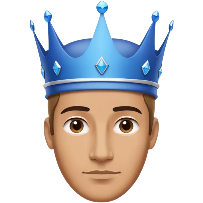 A friendly-looking, clean-shaven man wearing a large blue crown that is bigger than his face. The crown is completely plain, with no details, no gemstones, and no decorations — just a smooth surface with a wide base. The style is ultra-minimalist and modern, inspired by Apple product aesthetics emoji