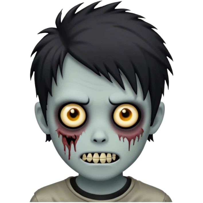zombie boy, black shaggy hair, emo look, dark circles under eyes, sinister grin emoji