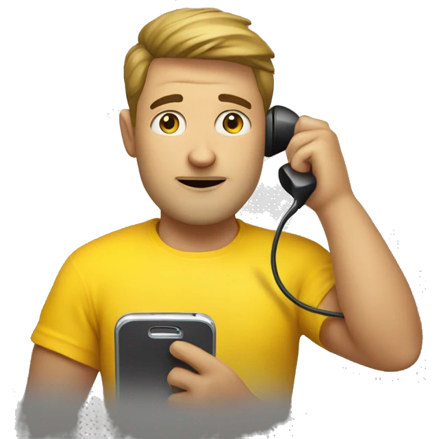 a man with a phone in his hand and a yellow t-shirt in a call  emoji