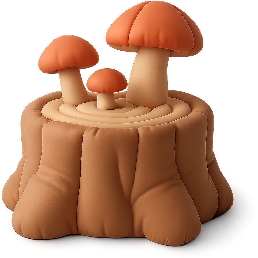 a tree stump cake topped with mushrooms, forest dessert concept, cushion style emoji